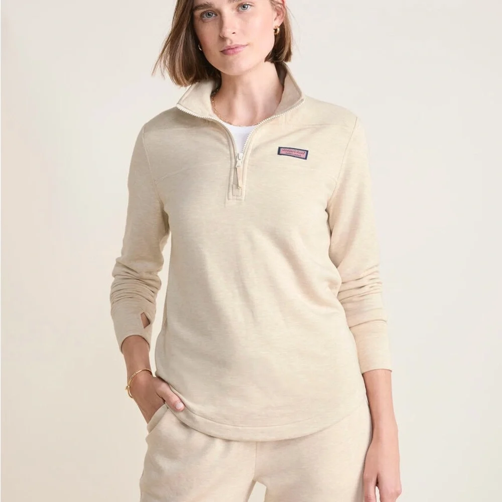 Vineyard Vines Women's Dreamscape Relaxed Shep Shirt Tan Quarter-Zip Heather Oat - Picture 3 of 8